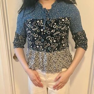 Blue paisley floral ruffle blouse - Size S